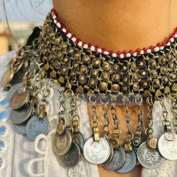 Handmade Statement Necklace With Dangling Coins, Tribal Ethnic Choker - Picture 4 of 6